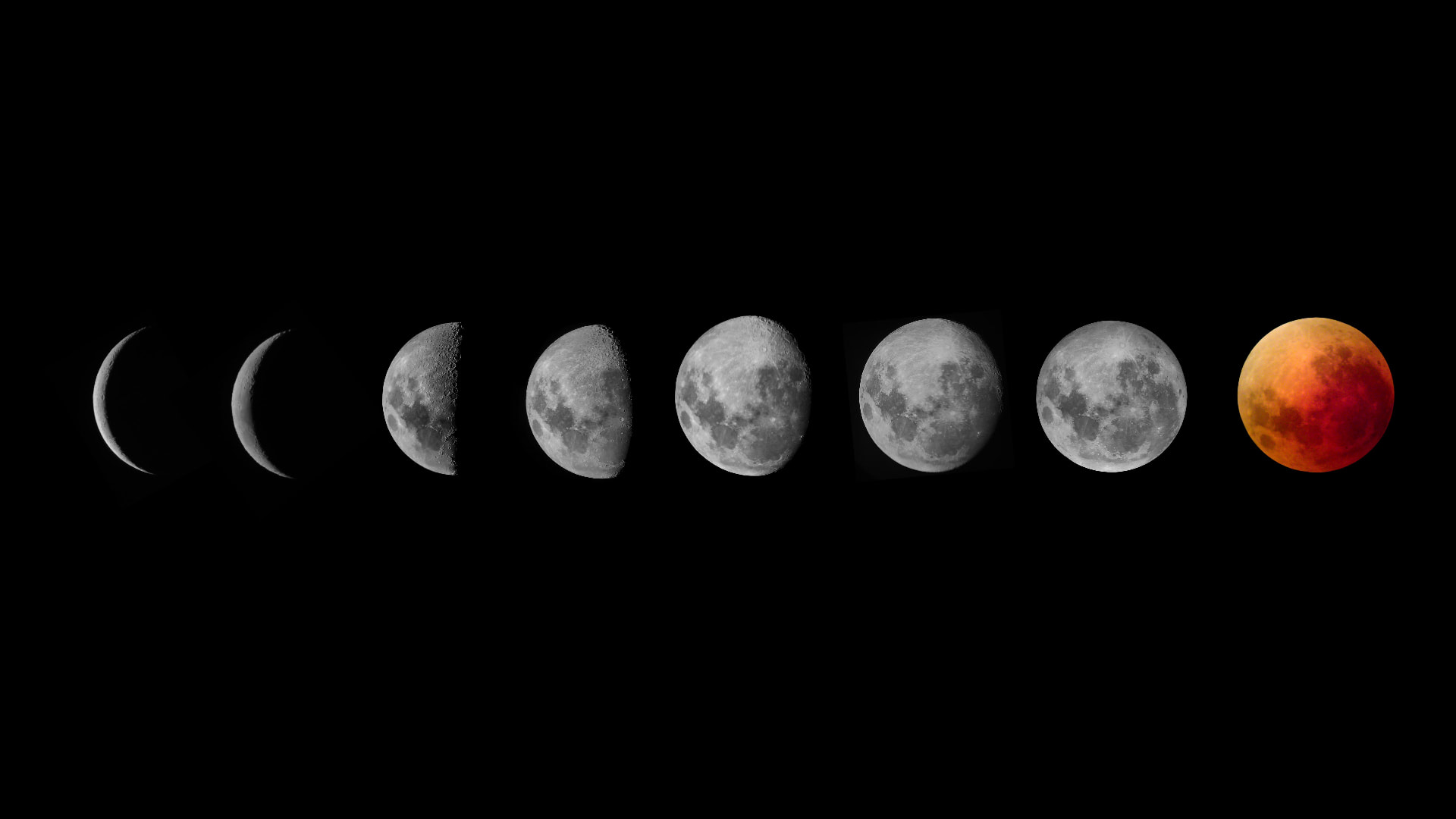 The phases of the moon in a row against a black sky, ending in a red blood moon.