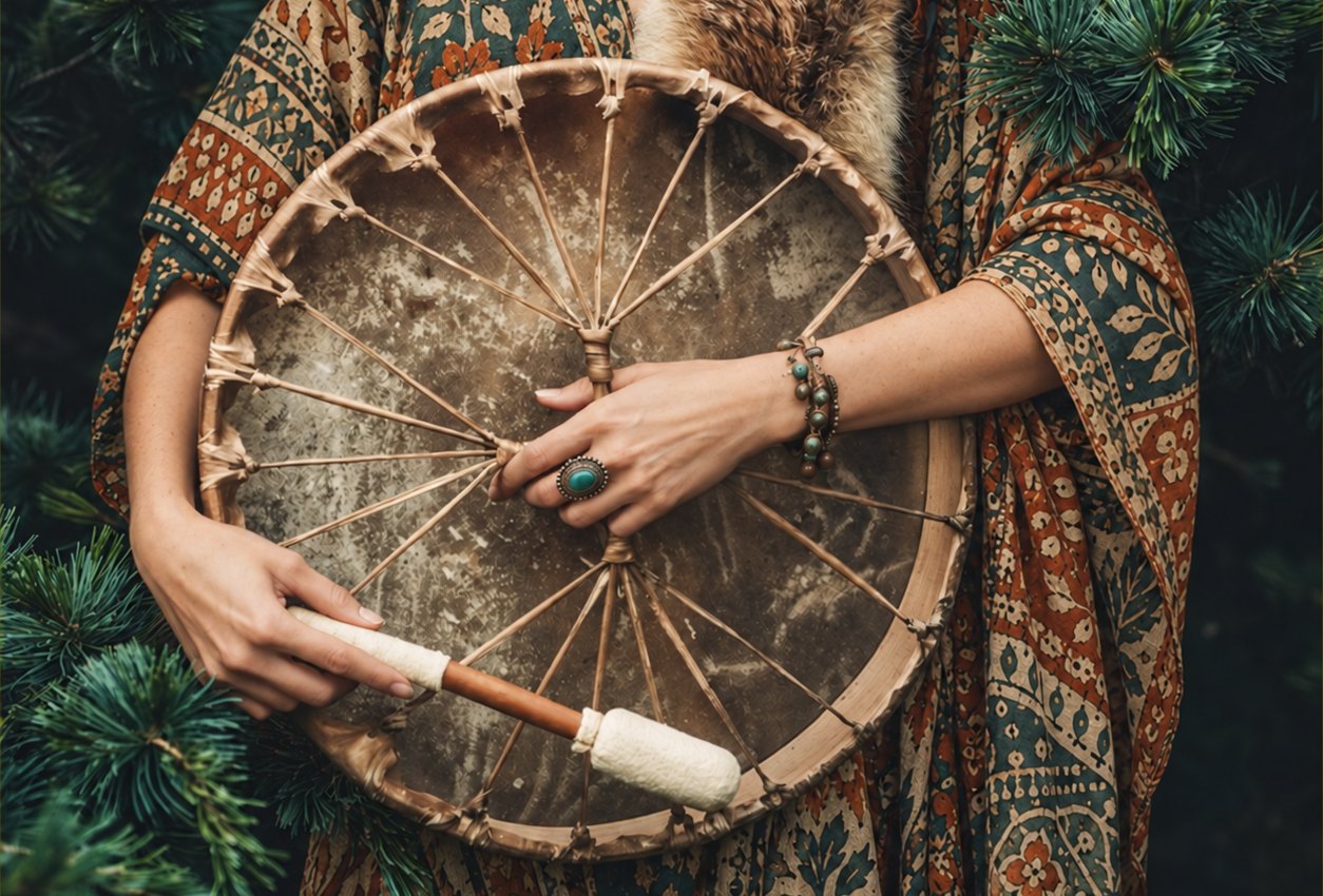 Hands holding a frame drum and beater
