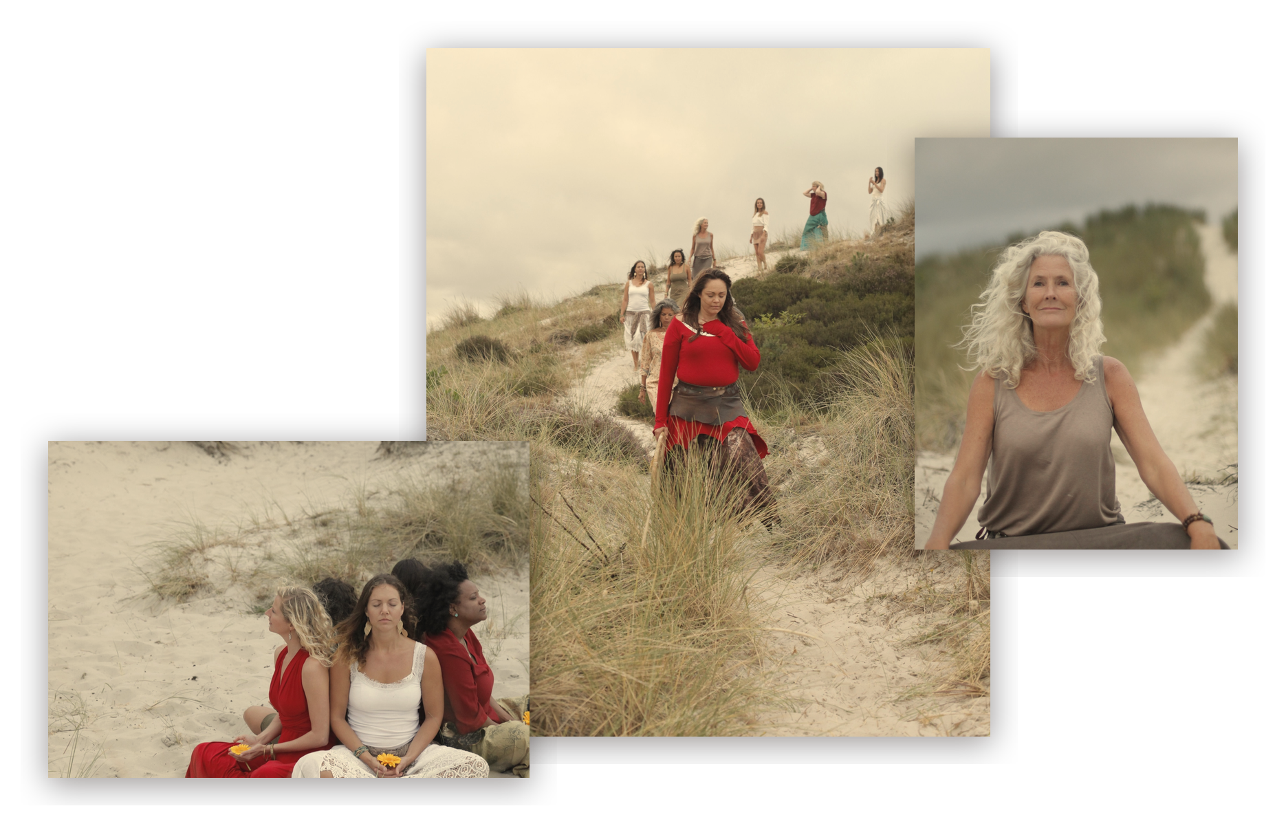 Women of Wild Woman Sisterhood in the dunes: walking a sandy path, sitting back to back with yellow flowers, and a white-haired woman sitting cross-legged