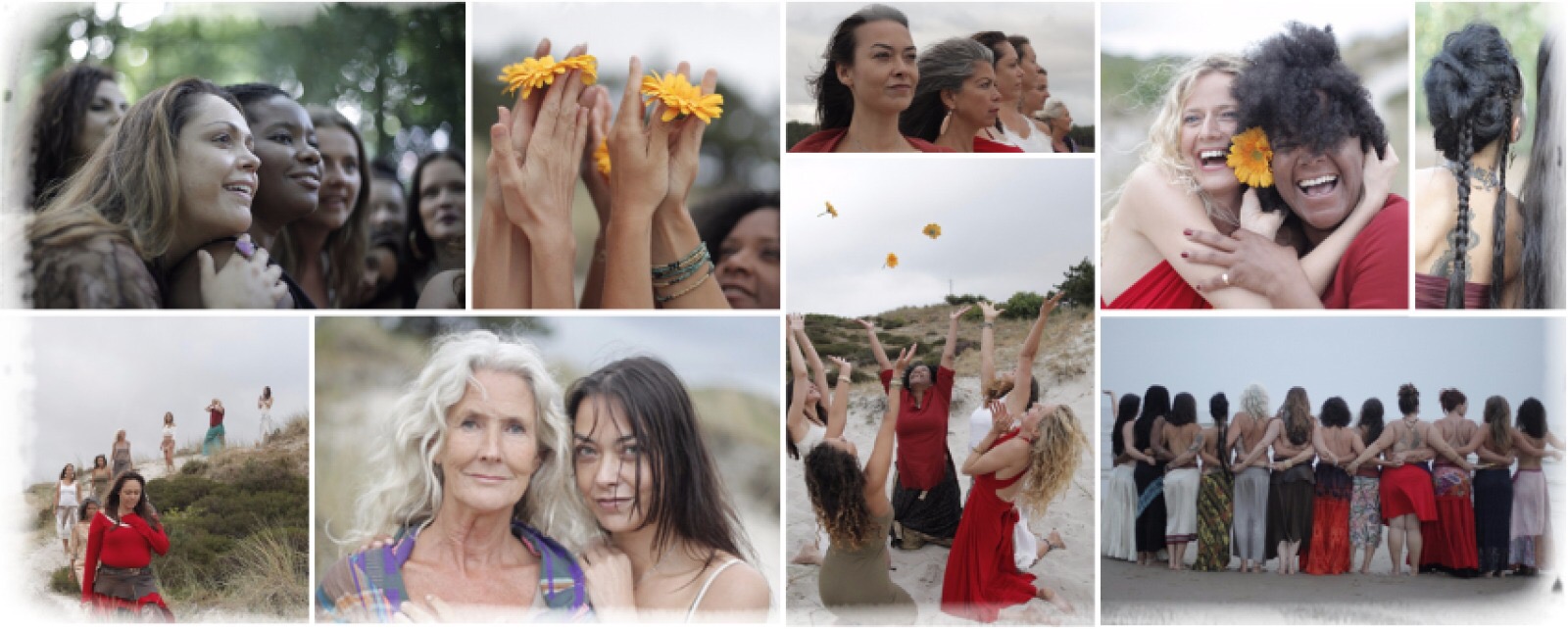 Collage of Wild Woman Sisterhood community photographs: women laughing together, hands holding orange flowers, and women in red dresses dancing on the dunes.