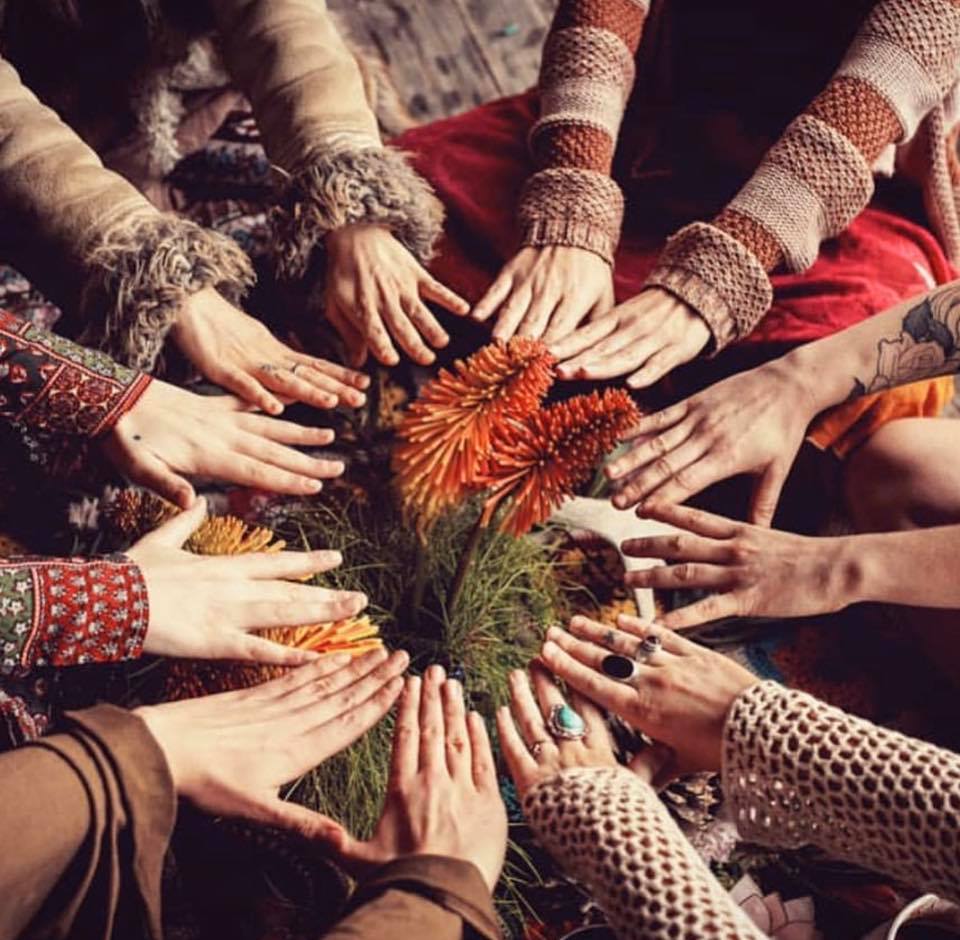 Many women's hands reaching toward each other in a circle around orange flowers.